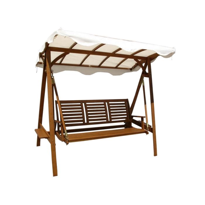 Dondolo marrone a tre posti in legno massiccio con telo bianco main product photo