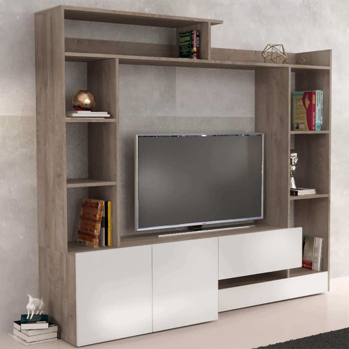 Parete attrezzata soggiorno di colore Bianco e Rovere chiaro mod. Entry