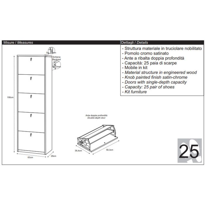 Scarpiera 5 ante 25 posti h 190 cm colore Bianco Fiammato