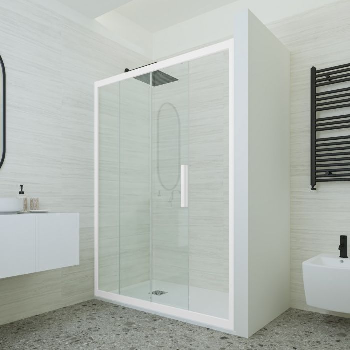 Porta doccia scorrevole 160 CM H 200 Vetro Trasparente Profilo Bianco Matt mod. Deco