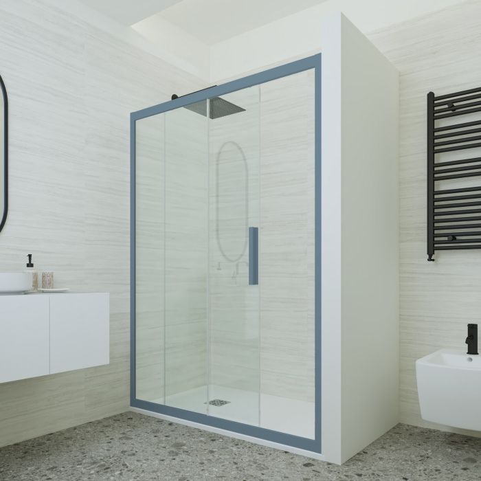 Porta doccia scorrevole 160 CM H 200 Vetro Trasparente Profilo Blu Navy mod. Deco