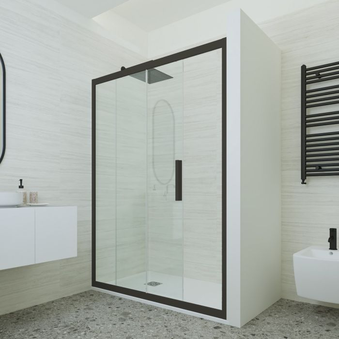 Porta doccia scorrevole 160 CM H 200 Vetro Trasparente Profilo Nero Matt mod. Deco