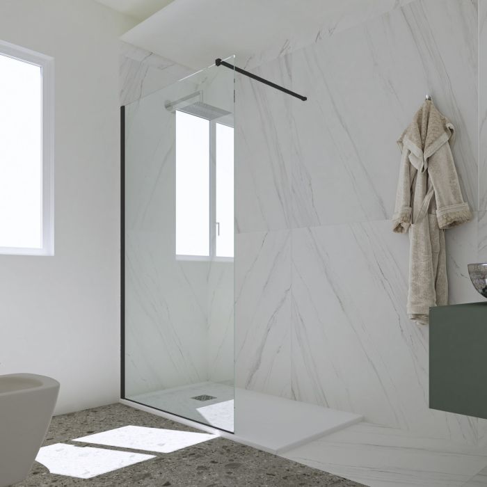 Parete doccia Walk-in da 110 CM H 200 Vetro Trasparente Profilo Nero Matt in pvc mod. Kolors