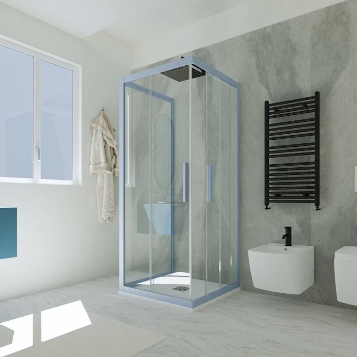 Box doccia 3 lati scorrevole 75x80x75 CM H 200 Vetro Trasparente Profilo Blu Vintage mod. Kolors Trio