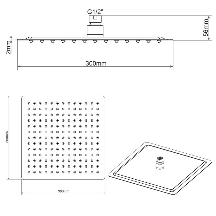 Soffione Doccia Quadrato in acciaio inox 30X30 Cm effetto pioggia con ugelli anticalcare ultrasottile