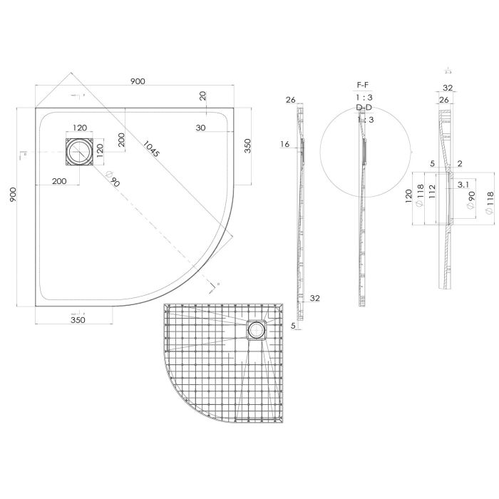 Piatto Doccia 90x90x2,6 CM Semicircolare Bianco Effetto Pietra mod. Blend