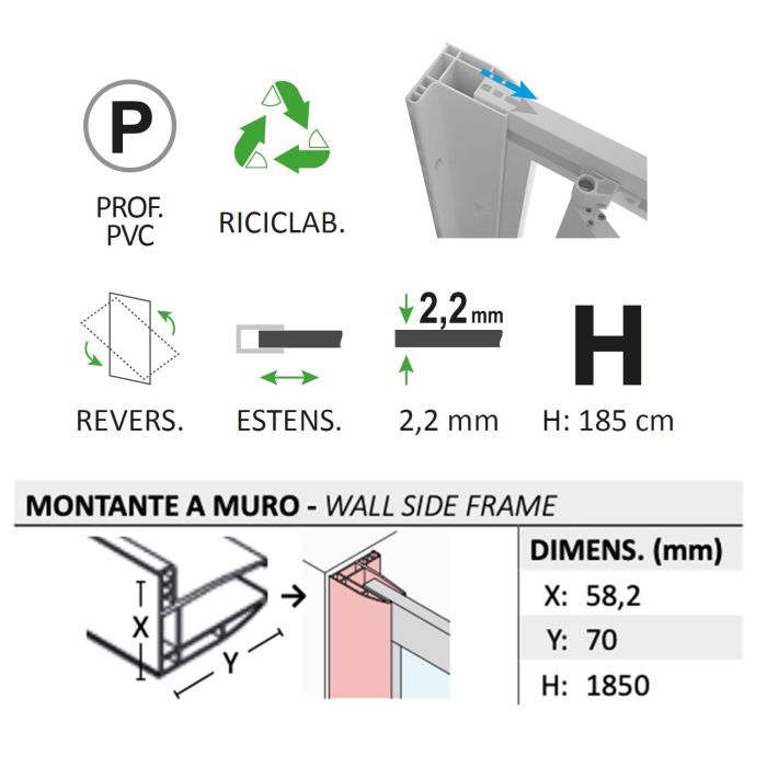 Parete doccia Walk-in Lato 100 CM H 190 in Acrilico mod. Beatrix Profilo