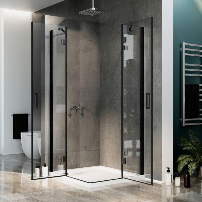 Box Doccia 80x80 CM H190 Trasparente con mod. Flip Black Anta + Anta Ap. Battente