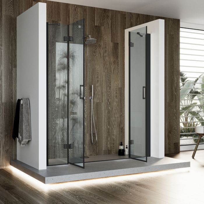 Porta Doccia 175CM H190 Vetro Trasparente mod. Flip Black Anta + Anta main product photo