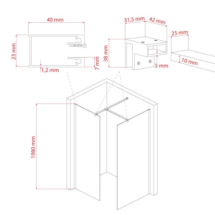 Box doccia Parete 90x180 CM 198 CM in vetro trasparente 8 MM mod. Walk in Black Corner
