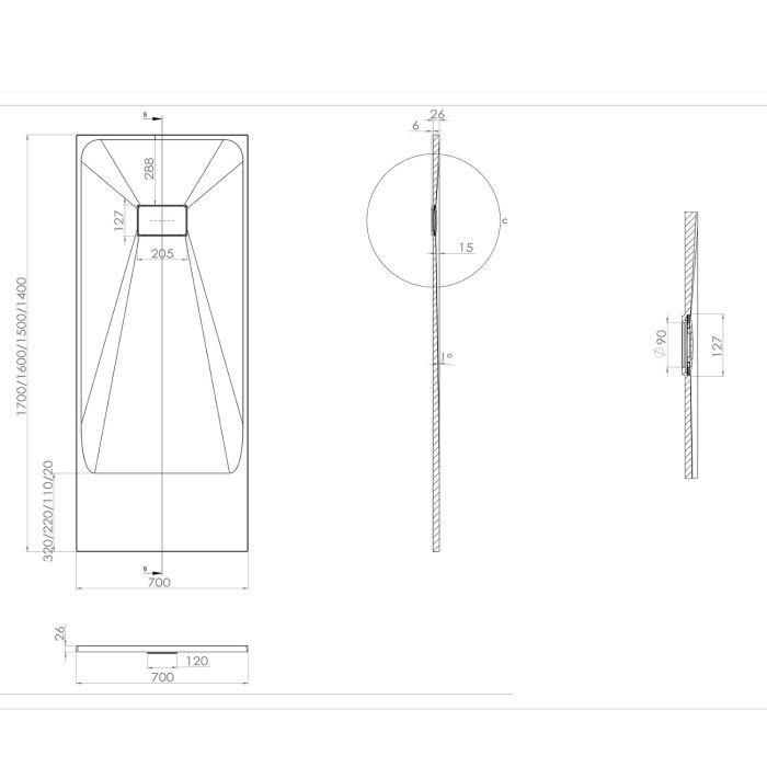 Piatto Doccia 70x140x2,6 cm Antracite Effetto Pietra mod. Strong