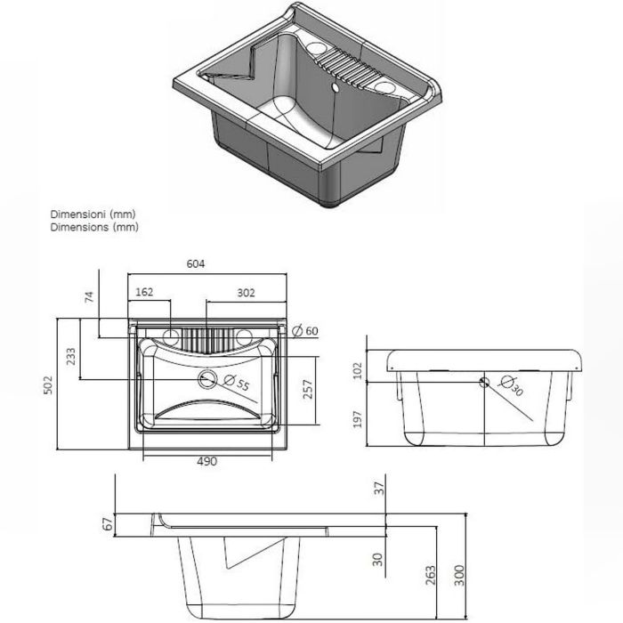 Lavatoio con mobile in nobilitato idrofugo W100 spessore 18 mm colore bianco 50x60 cm mod.