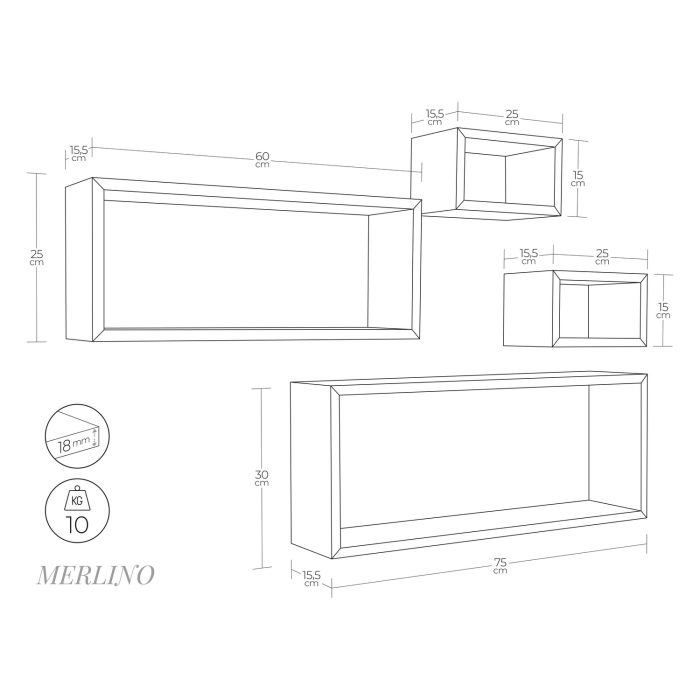 Mensole rettangolari da parete componibili Set di 4 colore Grigio mod. Merlino