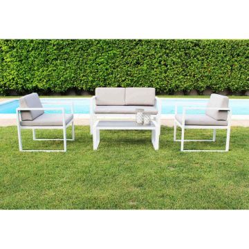 Salotto da esterno composto da divano due poltrone con cuscini e tavolino colore Bianco mod. Formentera