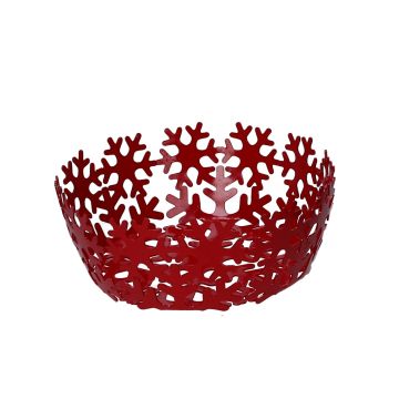 Cestino tondo Centrotavola natalizio Fiocchi di neve in metallo rosso ø20 h7 cm mod. Neve