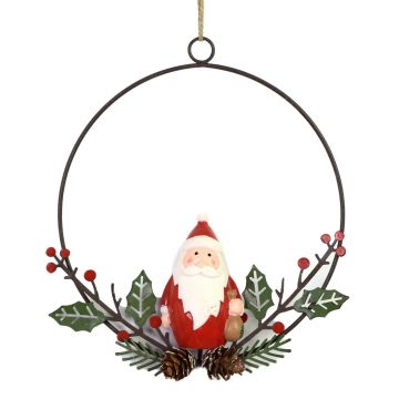 Ghirlanda Natalizia Babbo Natale Rosso con bacche e pigne naturale 16x7x16 cm