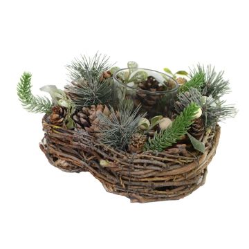 Portacandele con pighe e bacche verde in legno 19x19h9,5 cm
