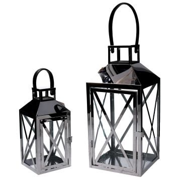 Lanterna Portacandela set 2 pz Argento in metallo Lanterna piccola 13x13 h 27,5 cm, grande 19x19 h 42 cm